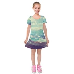 Landscape Mountains Lake River Kids  Short Sleeve Velvet Dress