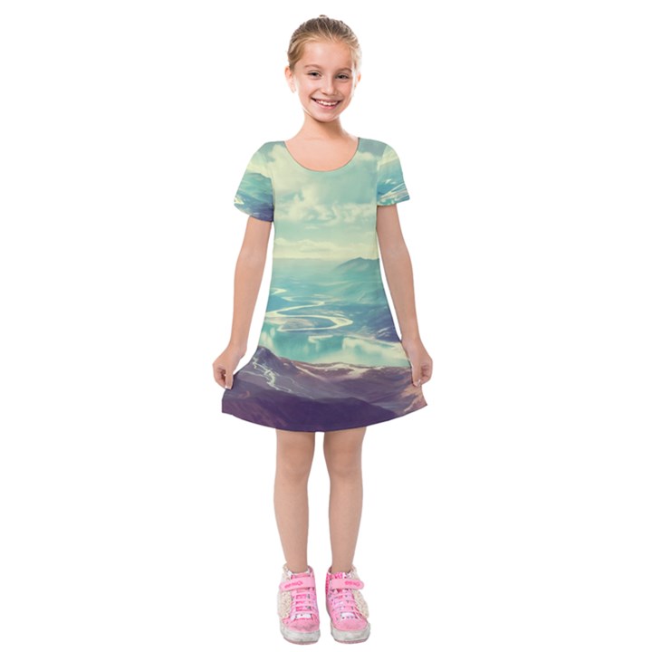 Landscape Mountains Lake River Kids  Short Sleeve Velvet Dress