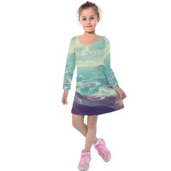 Landscape Mountains Lake River Kids  Long Sleeve Velvet Dress by HermanTelo