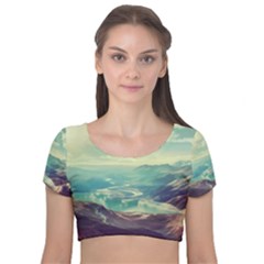 Landscape Mountains Lake River Velvet Short Sleeve Crop Top  by HermanTelo