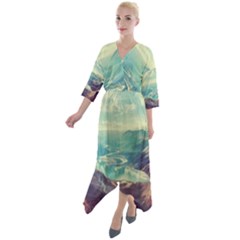 Landscape Mountains Lake River Quarter Sleeve Wrap Front Maxi Dress