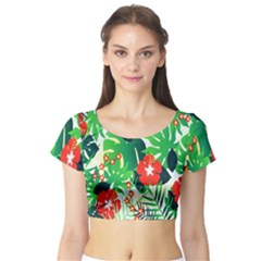 Tropical Leaf Flower Digital Short Sleeve Crop Top by Mariart