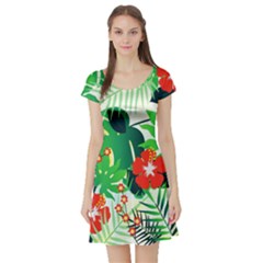 Tropical Leaf Flower Digital Short Sleeve Skater Dress by Mariart