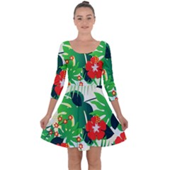 Tropical Leaf Flower Digital Quarter Sleeve Skater Dress