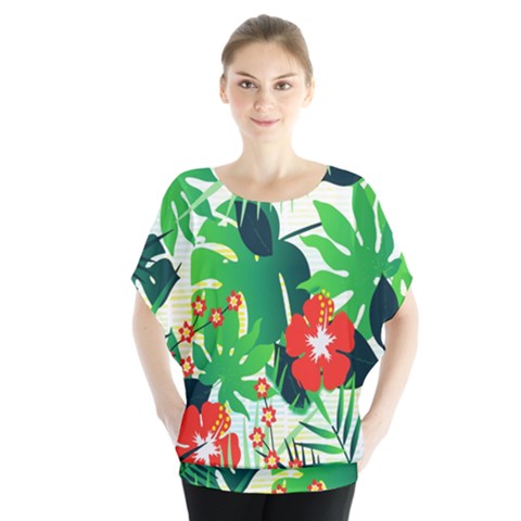 Tropical Leaf Flower Digital Batwing Chiffon Blouse by Mariart