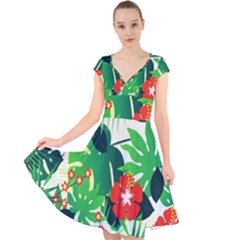 Tropical Leaf Flower Digital Cap Sleeve Front Wrap Midi Dress by Mariart