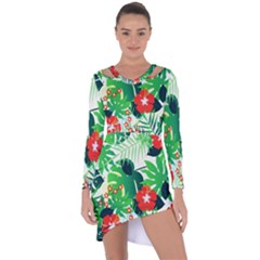 Tropical Leaf Flower Digital Asymmetric Cut-out Shift Dress