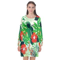 Tropical Leaf Flower Digital Long Sleeve Chiffon Shift Dress  by Mariart