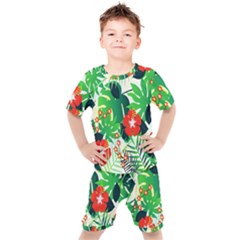 Tropical Leaf Flower Digital Kids  Tee And Shorts Set by Mariart