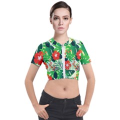 Tropical Leaf Flower Digital Short Sleeve Cropped Jacket