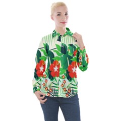 Tropical Leaf Flower Digital Women s Long Sleeve Pocket Shirt