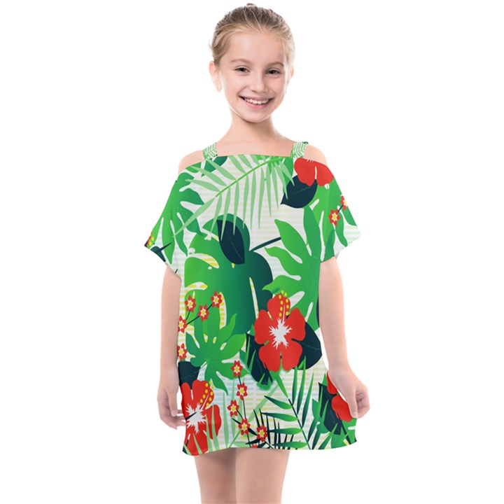 Tropical Leaf Flower Digital Kids  One Piece Chiffon Dress