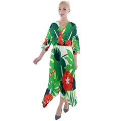 Tropical Leaf Flower Digital Quarter Sleeve Wrap Front Maxi Dress by Mariart