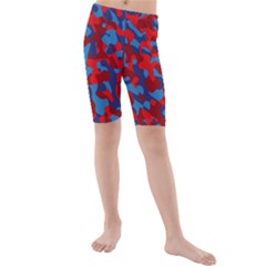 Red And Blue Camouflage Pattern Kids  Mid Length Swim Shorts by SpinnyChairDesigns