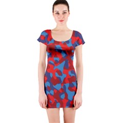 Red And Blue Camouflage Pattern Short Sleeve Bodycon Dress