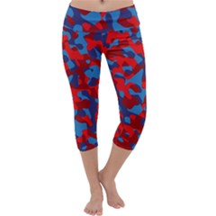 Red And Blue Camouflage Pattern Capri Yoga Leggings by SpinnyChairDesigns