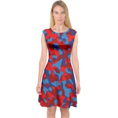 Red And Blue Camouflage Pattern Capsleeve Midi Dress