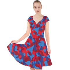 Red And Blue Camouflage Pattern Cap Sleeve Front Wrap Midi Dress by SpinnyChairDesigns