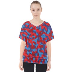 Red And Blue Camouflage Pattern V-neck Dolman Drape Top by SpinnyChairDesigns