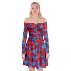 Red And Blue Camouflage Pattern Off Shoulder Skater Dress