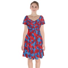 Red And Blue Camouflage Pattern Short Sleeve Bardot Dress by SpinnyChairDesigns