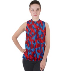 Red And Blue Camouflage Pattern Mock Neck Chiffon Sleeveless Top by SpinnyChairDesigns