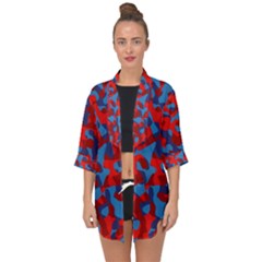 Red And Blue Camouflage Pattern Open Front Chiffon Kimono by SpinnyChairDesigns