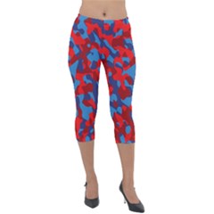 Red And Blue Camouflage Pattern Lightweight Velour Capri Leggings  by SpinnyChairDesigns