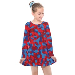 Red And Blue Camouflage Pattern Kids  Long Sleeve Dress by SpinnyChairDesigns