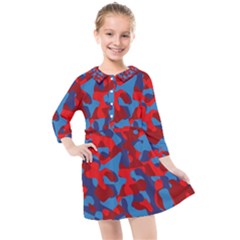 Red And Blue Camouflage Pattern Kids  Quarter Sleeve Shirt Dress by SpinnyChairDesigns