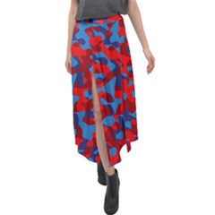 Red And Blue Camouflage Pattern Velour Split Maxi Skirt by SpinnyChairDesigns