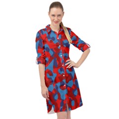 Red And Blue Camouflage Pattern Long Sleeve Mini Shirt Dress by SpinnyChairDesigns