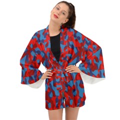 Red And Blue Camouflage Pattern Long Sleeve Kimono by SpinnyChairDesigns