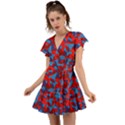 Red and Blue Camouflage Pattern Flutter Sleeve Wrap Dress View1