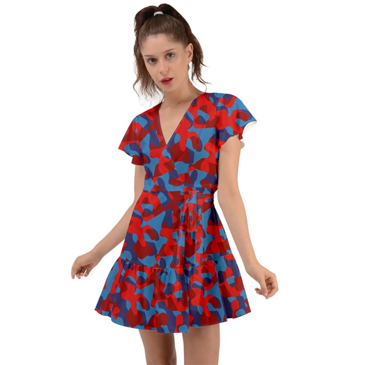 Red and Blue Camouflage Pattern Flutter Sleeve Wrap Dress