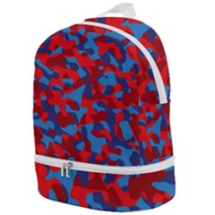 Red And Blue Camouflage Pattern Zip Bottom Backpack by SpinnyChairDesigns