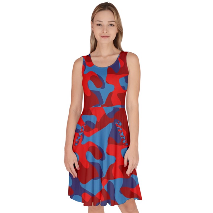 Red and Blue Camouflage Pattern Knee Length Skater Dress With Pockets