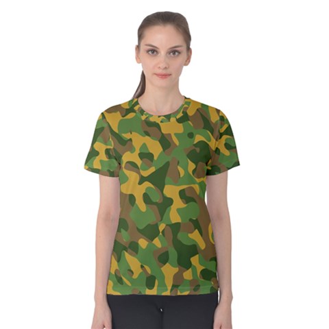 Yellow Green Brown Camouflage Women s Cotton Tee by SpinnyChairDesigns