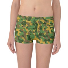 Yellow Green Brown Camouflage Reversible Boyleg Bikini Bottoms by SpinnyChairDesigns