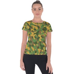 Yellow Green Brown Camouflage Short Sleeve Sports Top  by SpinnyChairDesigns