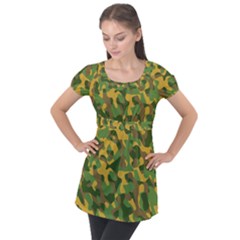 Yellow Green Brown Camouflage Puff Sleeve Tunic Top by SpinnyChairDesigns