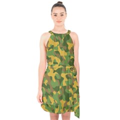 Yellow Green Brown Camouflage Halter Collar Waist Tie Chiffon Dress by SpinnyChairDesigns