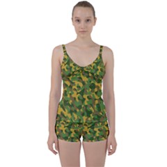 Yellow Green Brown Camouflage Tie Front Two Piece Tankini by SpinnyChairDesigns