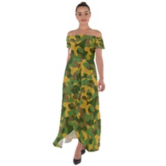 Yellow Green Brown Camouflage Off Shoulder Open Front Chiffon Dress by SpinnyChairDesigns