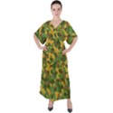 Yellow Green Brown Camouflage V-Neck Boho Style Maxi Dress View1