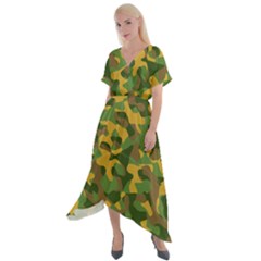 Yellow Green Brown Camouflage Cross Front Sharkbite Hem Maxi Dress by SpinnyChairDesigns