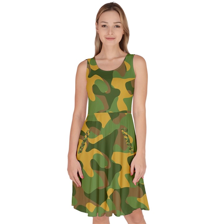 Yellow Green Brown Camouflage Knee Length Skater Dress With Pockets