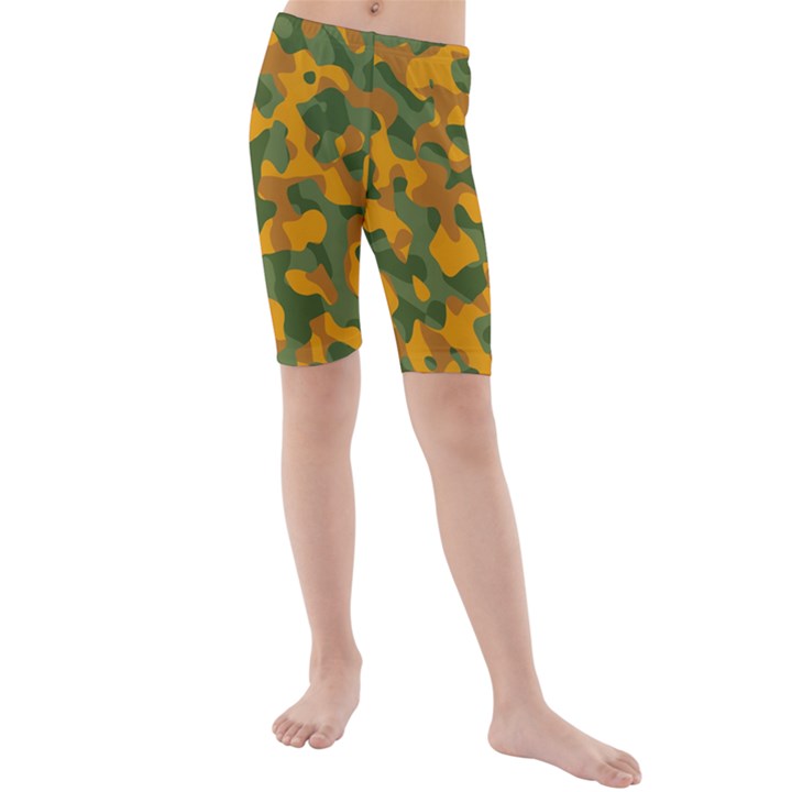 Green and Orange Camouflage Pattern Kids  Mid Length Swim Shorts