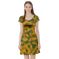 Green And Orange Camouflage Pattern Short Sleeve Skater Dress by SpinnyChairDesigns