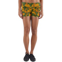 Green And Orange Camouflage Pattern Yoga Shorts by SpinnyChairDesigns